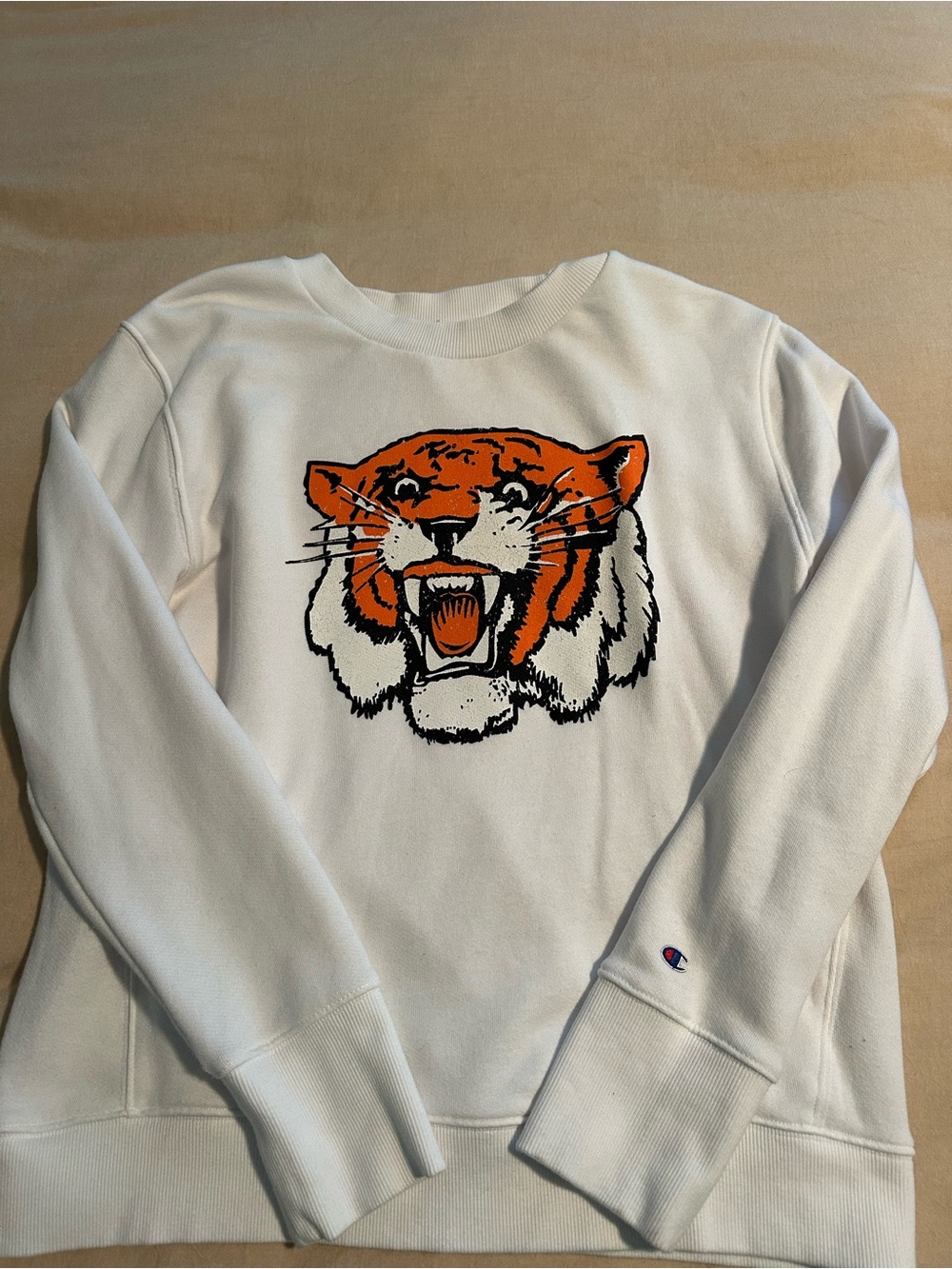Clemson Champion White Sweatshirt with Bold Orange Tiger Head